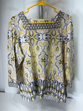 Alfred Dunner Yellow, Gray & White Printed Square-Neck Tunic Top 3536